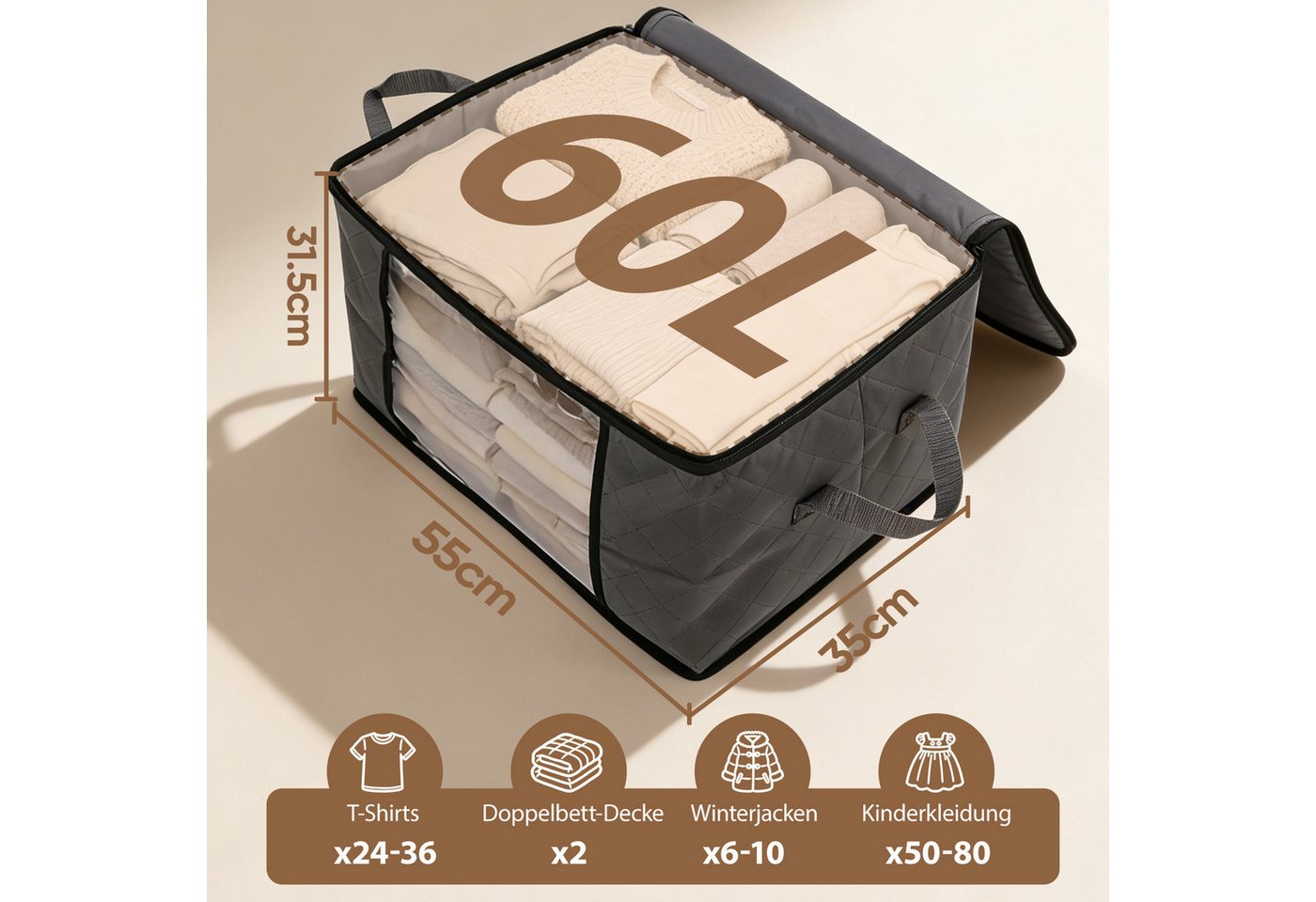 Sekey Aufbewahrungstasche Faltbar Aufbewahrungsbox mit Deckel für Bettdecken 2-tlg Kleiderschrank Organizer Reißverschluss Griffe Kleidung Bettwäsche