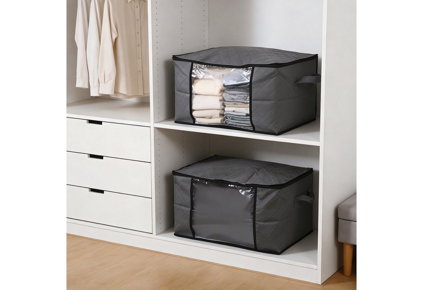 Sekey Aufbewahrungstasche Faltbar Aufbewahrungsbox mit Deckel für Bettdecken 2-tlg Kleiderschrank Organizer Reißverschluss Griffe Kleidung Bettwäsche Bild 5