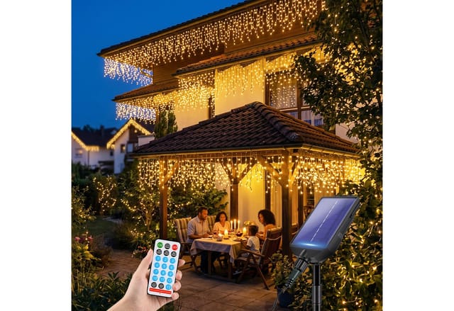 Salcar Solar Eiszapfen-Lichterkette Warmweiß 15,6 m USB Fernbedienung IP44
