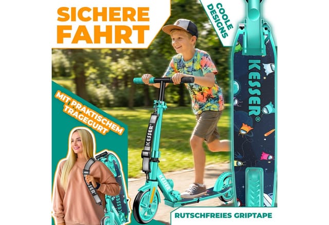KESSER® Scooter Roller Kinderroller Cityroller Tretroller Kickroller klappbar höhenverstellbar, Kickscooter bis 100kg, Hinterradbremse, rutschfeste Trittfläche, bis 185cm Körpergröße, inkl. Tragegurt