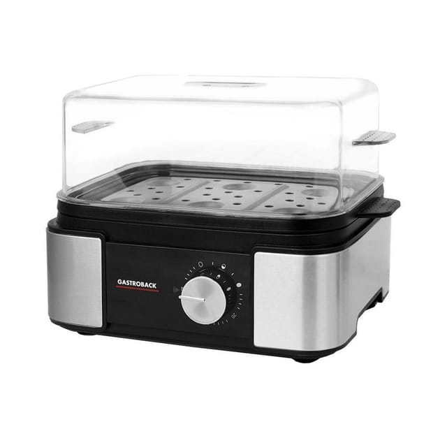 GASTROBACK 42803 Easycook 6 Eierkocher (6 Eier Kapazität, 400 W, drei Härtegrade gleichzeitig, akustisches Signal, Pochier- &; Dämpfeinsatz)