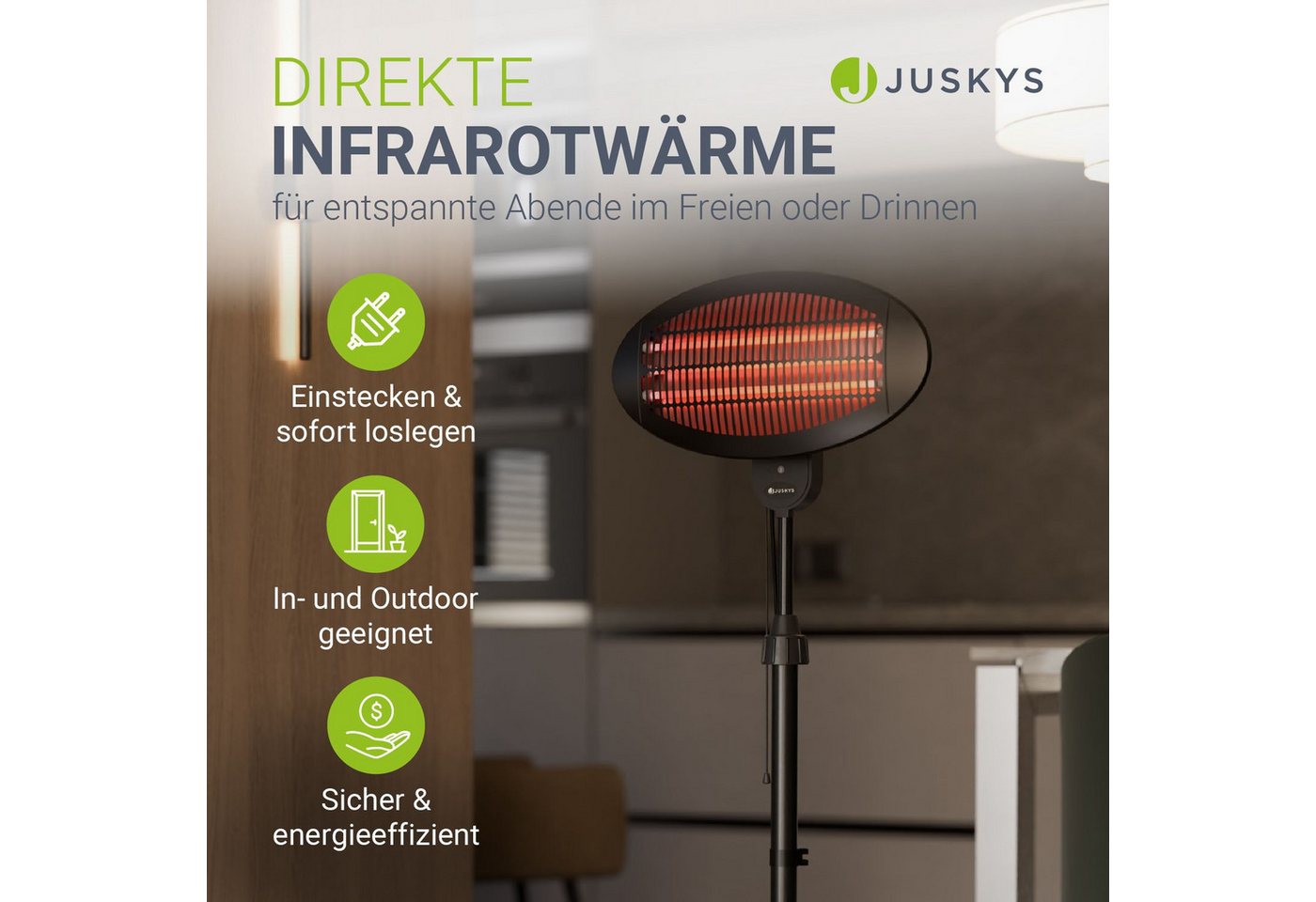 Juskys Infrarotstrahler 2000 W – Schwarz, mit 3 Heizstufen & höhenverstellbarem Gestell