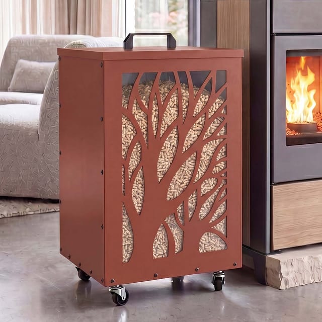 Pelletbehälter MCW-Q30 Bäume, Pelletbox Aufbewahrungsbox für z.B. Tierfutter, Rollen Füße 64x36x36cm ~ kupferfarben