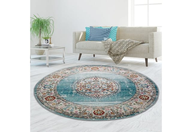 TeppichHome24 Teppich Teppich Orient Outdoor Vintage in blau creme, rund