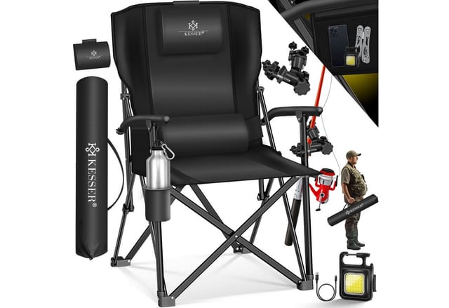 KESSER Campingstuhl (Strandstuhl mit hoher Rückenlehne + Tasche), Campingstuhl Inkl. Campinglicht, Angelhalterung und Getränkehalter