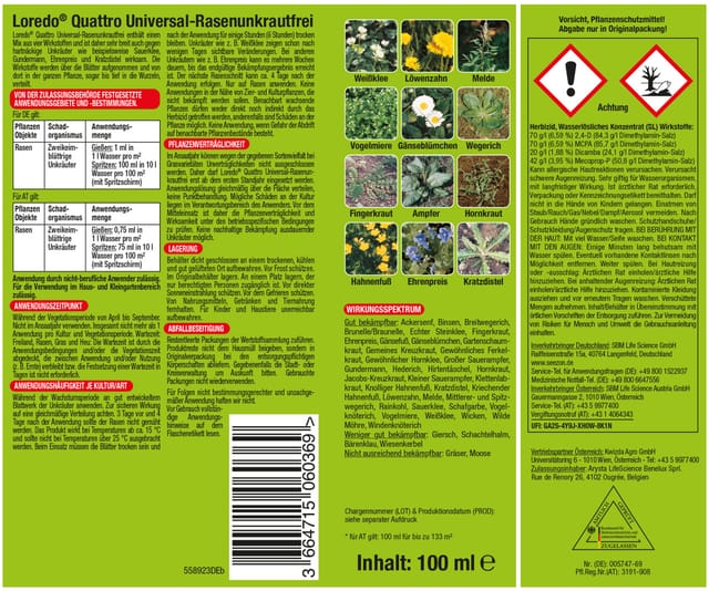 Protect Garden Unkrautbekämpfungsmittel Loredo Quattro Universal-Rasenunkrautfrei, 100 ml, rasenfreundlich, wurzeltiefe Wirkung, gegen sämtliche Unkräuter