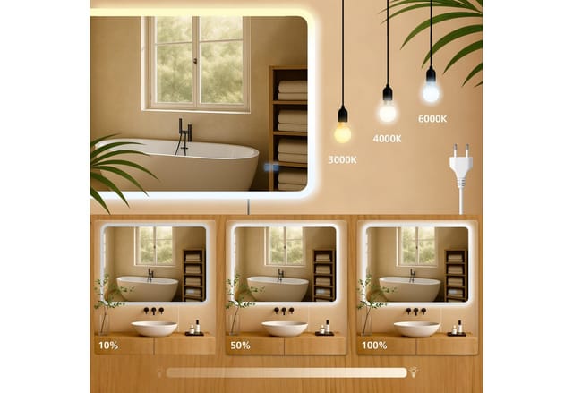 CLP Wandspiegel Jericho (1er), Anti-Beschlag, LED-Licht, dimmbar, 3 Modi, IP44