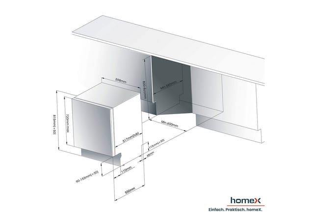 homeX vollintegrierbarer Geschirrspüler DWFI601444C, 10 l, 14 Maßgedecke, Einbau Spülmaschine vollintegriert 60 cm, 14 Gedecke, AquaStop, 44 dB