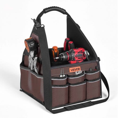VEVOR Offene Werkzeugtasche 31x31x41cm, Aufbewahrungstasche mit 15 Innen- & 30 Außenfächern, Wasserfester Werkzeug-Organizer aus Polyester mit Schultergurt & Tragegriff, Werkzeugtrage für Handwerker