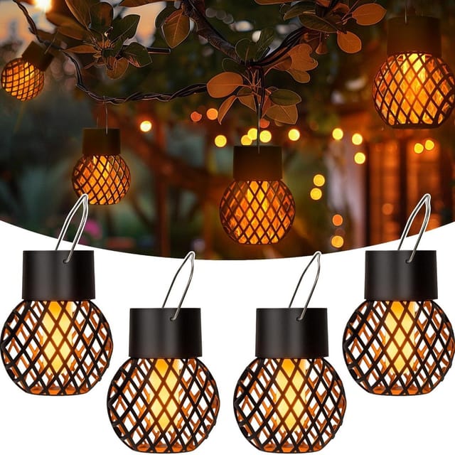Set Mit 4 Wasserdichten Solar-hängeleuchten Mit Flackerndem Flammeneffekt Für Garten, Hof, Zaun Und Bäume