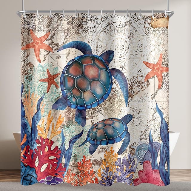 Duschvorhang 240x200cm Schildkröte Seesterne Antischimmel Textil Wasserabweisend