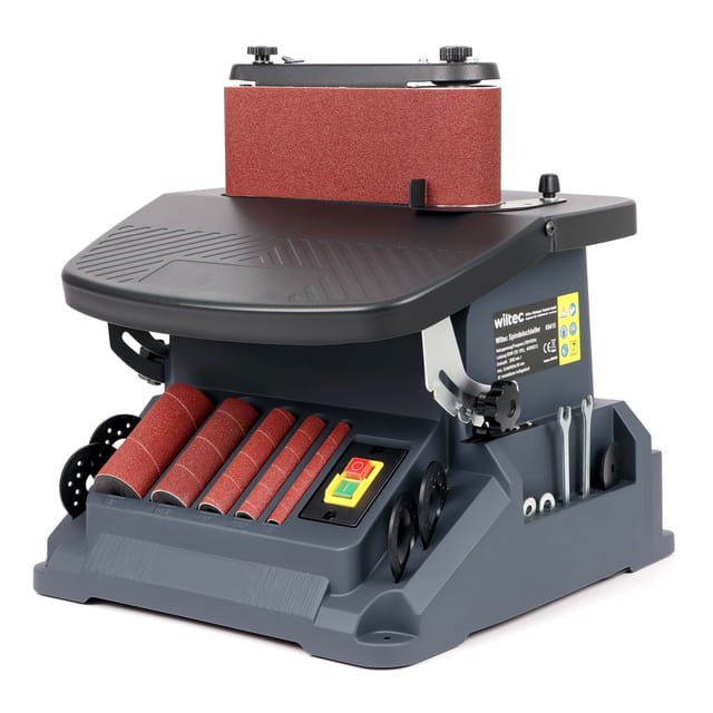 Wiltec - Oszillierender Spindelschleifer 500 W Neigbar Bis 45°, Bandschleifer Mit 5 Schleifhülsen Und 16 Mm Oszillationshub, Kantenschleifer Mit 2000 U/min Zum Bandschleifen Und Spindelscheifen