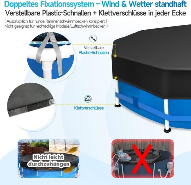 Sekey Poolabdeckung Rund Passend Für Runde Stahlrahmenbecken, Verstellbare Schnallen & Klettverschlüssen, Wind- & Staubdicht, Reißfestes Hochdichtes Abdeckplane, 244 Cm, Schwarz