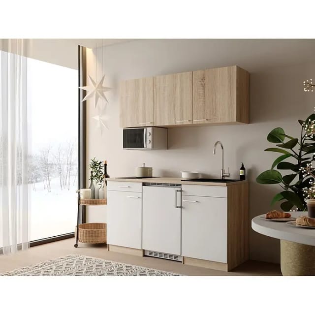 Respekta Miniküche Ingrid (Breite: 150 cm, Weiß, Mit Kochfeld + Kühlschrank + Mikrowelle)