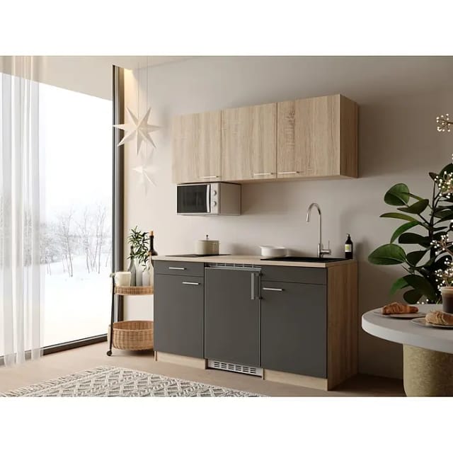 Respekta Miniküche Ingrid (Breite: 150 cm, Grau, Mit Kochfeld + Kühlschrank + Mikrowelle)