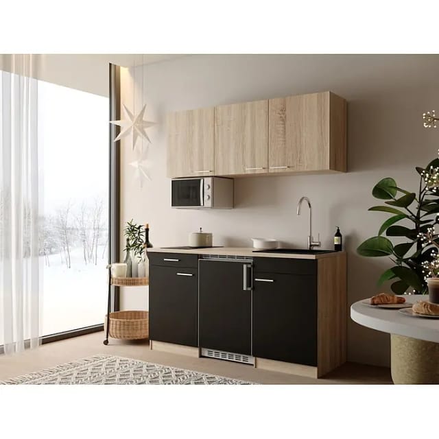 Respekta Miniküche Ingrid (Breite: 150 cm, Schwarz, Mit Kochfeld + Kühlschrank + Mikrowelle)