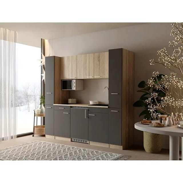 Respekta Küchenzeile Ingrid (Breite: 210 cm, Grau, Mit Kochfeld + Kühlschrank + Mikrowelle)