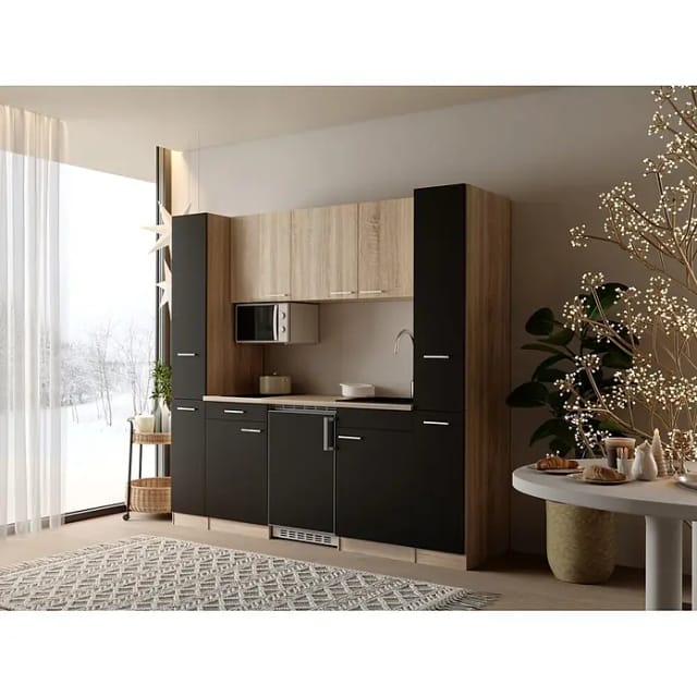 Respekta Küchenzeile Ingrid (Breite: 210 cm, Schwarz, Mit Kochfeld + Kühlschrank + Mikrowelle)