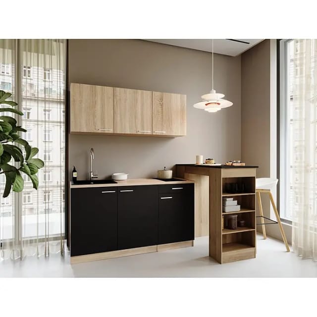 Respekta Miniküche Ingrid (Breite: 150 cm, Schwarz, Mit Bartisch, Mit Kochfeld)