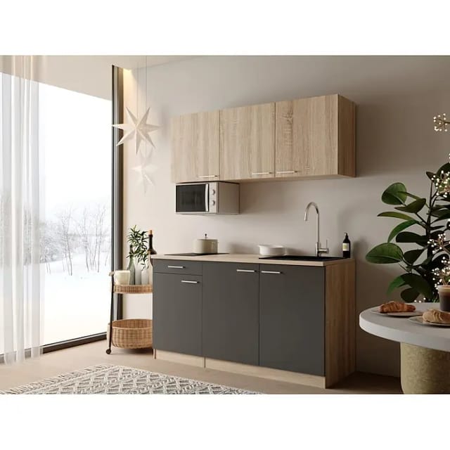 Respekta Miniküche Ingrid (Breite: 150 cm, Grau, Mit Kochfeld + Mikrowelle)