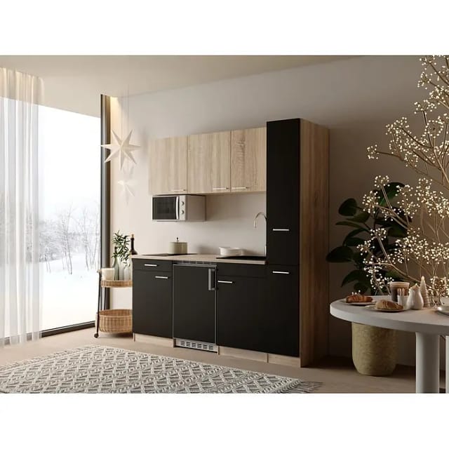 Respekta Küchenzeile Ingrid (Breite: 180 cm, Schwarz, Mit Kochfeld + Kühlschrank + Mikrowelle)