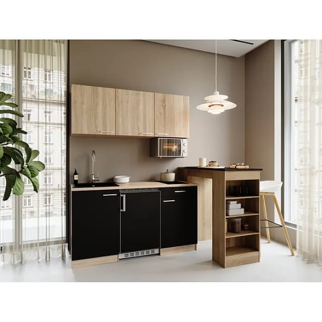 Respekta Miniküche Ingrid (Breite: 150 cm, Schwarz, Mit Bartisch, Mit Kochfeld + Kühlschrank + Mikrowelle)