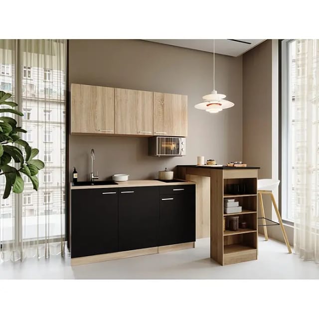 Respekta Miniküche Ingrid (Breite: 150 cm, Schwarz, Mit Bartisch, Mit Kochfeld + Mikrowelle)