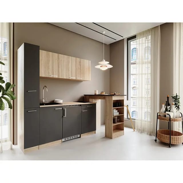 Respekta Küchenzeile Ingrid (Breite: 180 cm, Grau, Mit Bartisch, Mit Kochfeld + Kühlschrank)