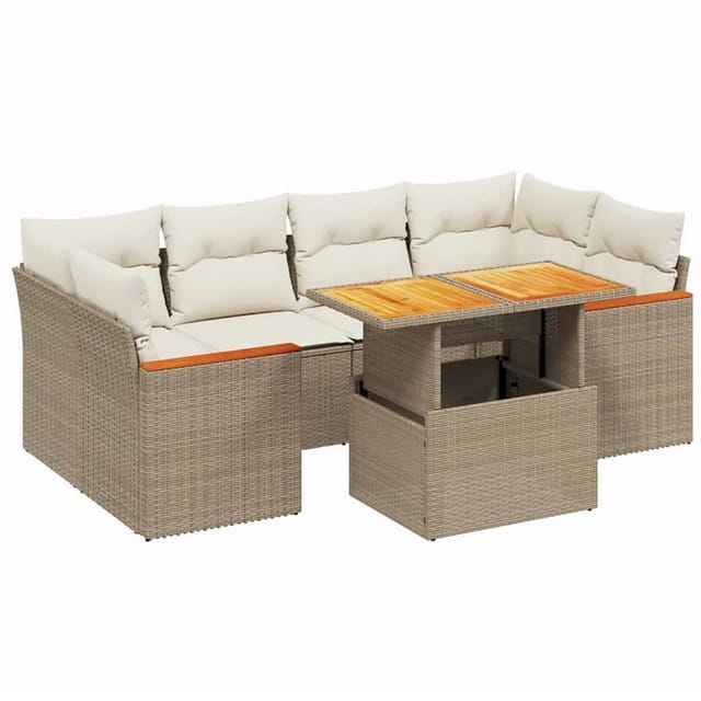 vidaXL 7-tlg Garten-Sofagarnitur mit Kissen Beige Poly Rattan Modell 351