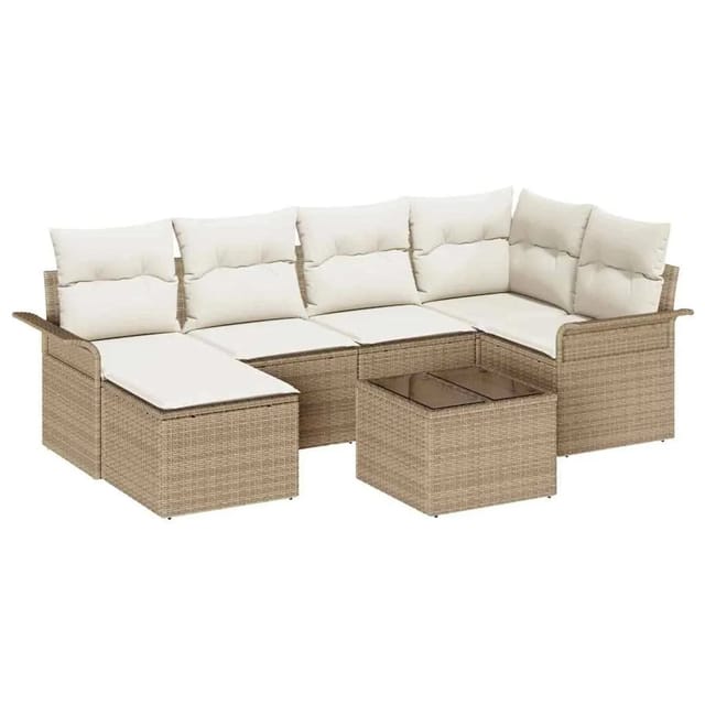 vidaXL Garten-Sofa-Set mit Kissen 7-Tlg Beige Poly Rattan 3345441