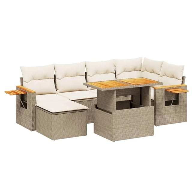 vidaXL 7-Tlg Garten-Sofagarnitur mit Kissen Beige Poly Rattan 3273620