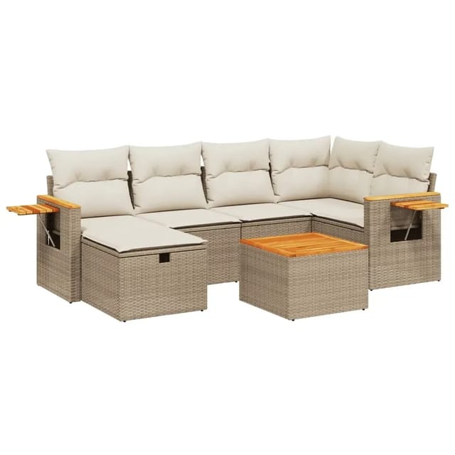 vidaXL 7-Tlg Garten-Sofagarnitur mit Kissen Beige Poly Rattan 3265524