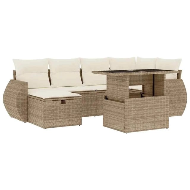 vidaXL 7-Tlg Garten-Sofagarnitur mit Kissen Beige Poly Rattan 3275138