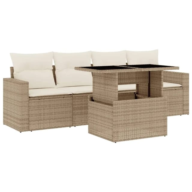 vidaXL 5-Tlg Garten-Sofagarnitur mit Kissen Beige Poly Rattan 3267098