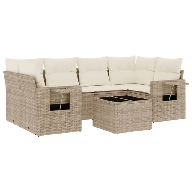 vidaXL 7-Tlg Garten-Sofagarnitur mit Kissen Beige Poly Rattan 3219917