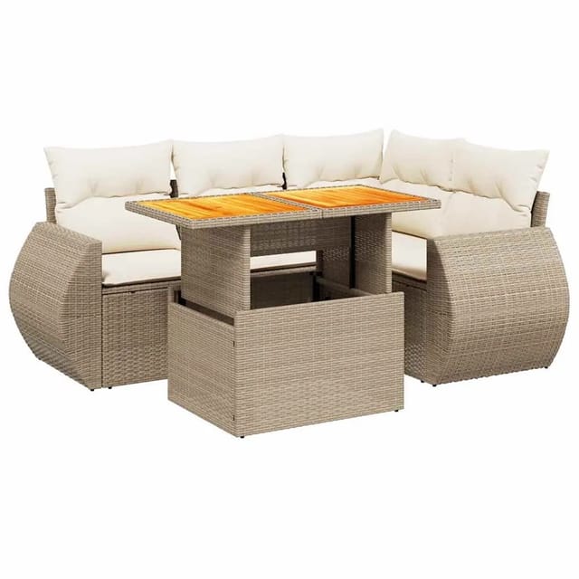 vidaXL 5-Tlg Garten-Sofagarnitur mit Kissen Beige Poly Rattan 3272178