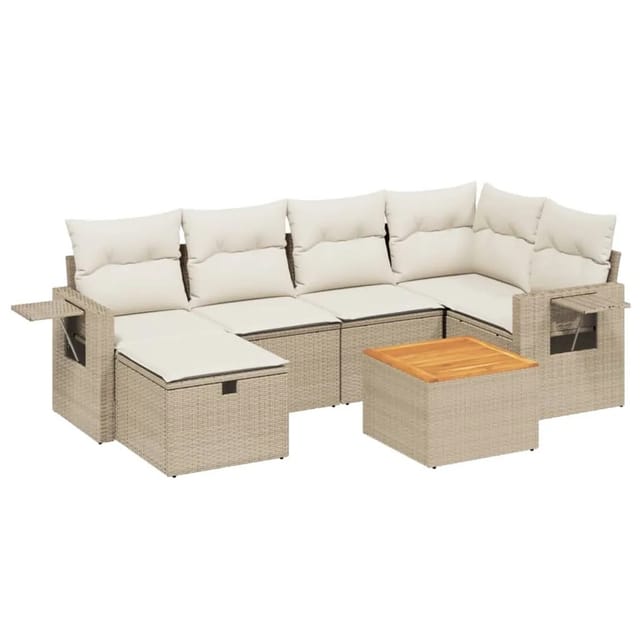 vidaXL 7-Tlg Garten-Sofagarnitur mit Kissen Beige Poly Rattan 3264950