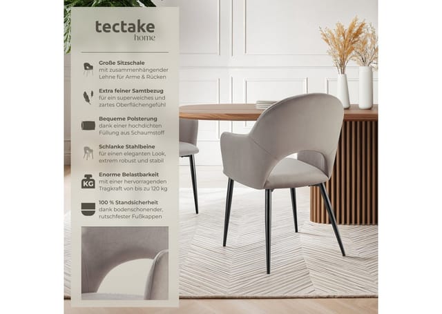 Tectake Armlehnstuhl Sachel In Samtoptik Gepolstert Durchgehende Lehne 2Er Set 61 50 x 57 x 87 50 cm Taupe