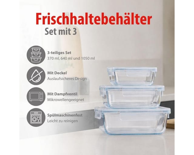 ALPINA Frischhaltedosen mit Deckel, 3 Stück, 170ml, 450ml, 850ml