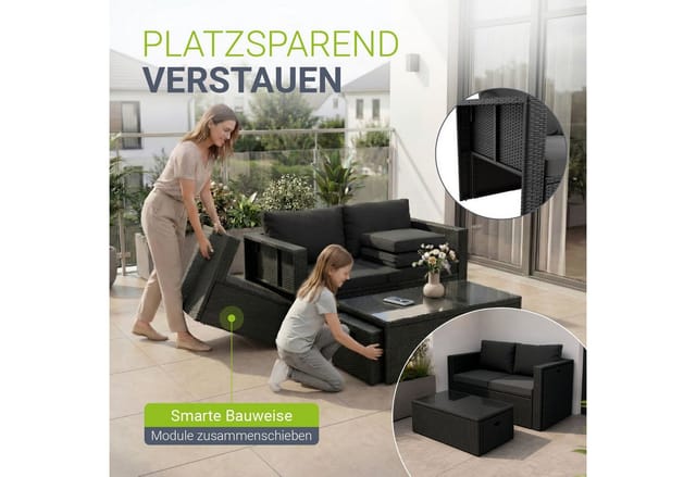 Juskys Polyrattan Gartenmöbel Set Salou inkl. Abdeckung - Outdoor Lounge für 6 Personen, wetterfest - Schwarz