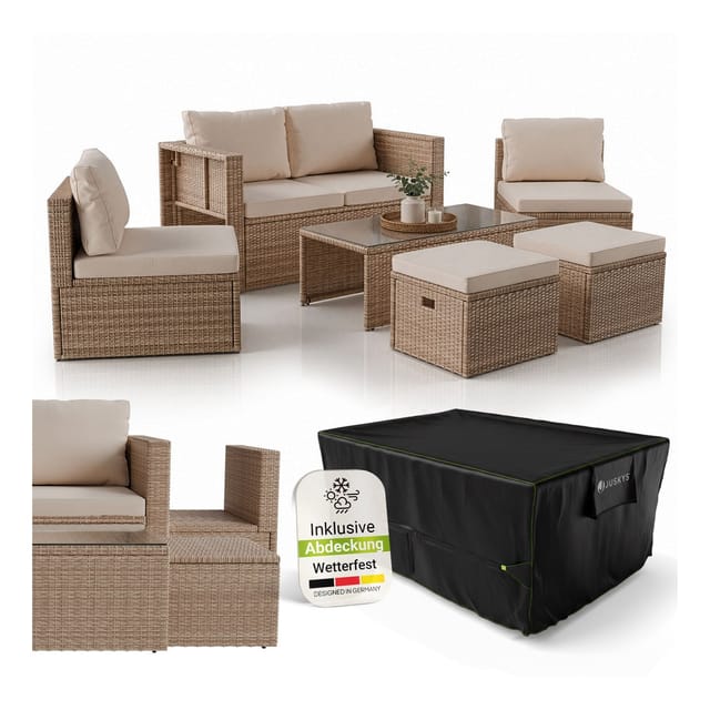 Juskys Polyrattan Gartenmöbel Set Salou inkl. Abdeckung - Outdoor Lounge für 6 Personen, wetterfest - Creme