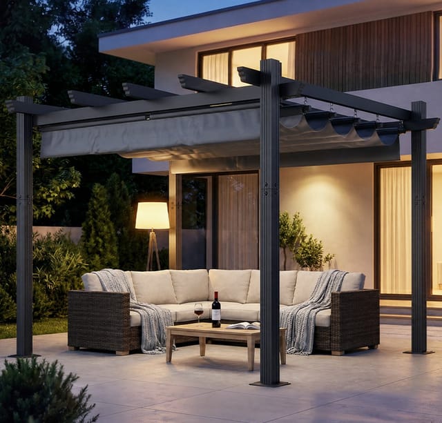 GUNJI Pergola 3x3/3x4m Terrassenüberdachung, Magnetisch Befestigte Aluminium-Pergola, (180g PA-beschichtetes Polyester, UV-geschützt, geeignet für Garten, Terrasse, Poolszenen), Magnetisch befestigbares Schiebedach