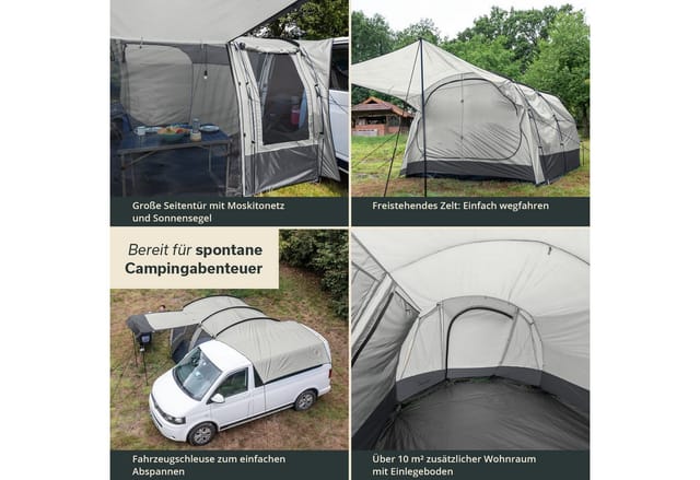 Skandika Buszelt Campingzelt, Tunnelzelt, Aarhus Travel 2, Vorzelt für Bus/Van, Personen: 2 (Tragetasche, Moskitonetz am Haupteingang, Sonnendach), Freistehend, 2 Eingänge, herausnehmbare Schlafkabine, Stehhöhe 205 cm