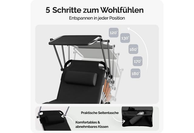 Casaria Gartenliege Malta, Alu Sonnenliege Klappbar mit Dach Liegestuhl Balkon Outdoor Hoch Grau