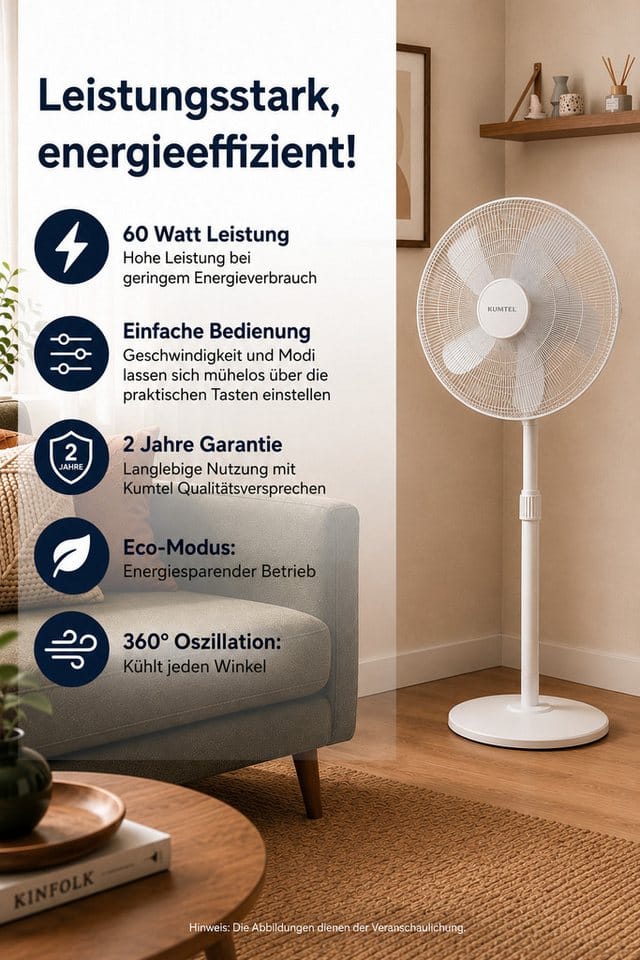 KUMTEL Standventilator KTF-350, 50 W, oszillierend, 5-Blatt-Rotor, geräuscharmer Betrieb