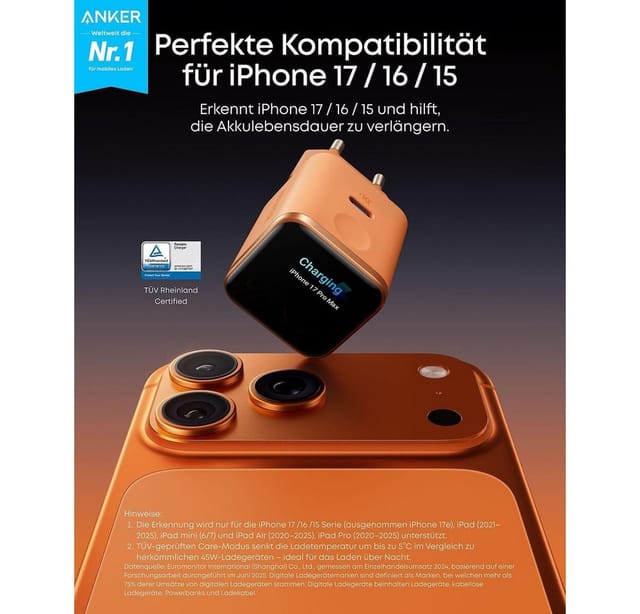 Anker Anker Nano Ladegerät 45W Ladestation (Kompakter 45W Akku mit Nano-Charcoal-Technologie)