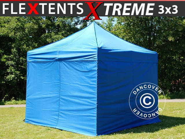 Faltzelt Flextents Xtreme 60 3x3m Blau, Mit 4 Seitenwänden