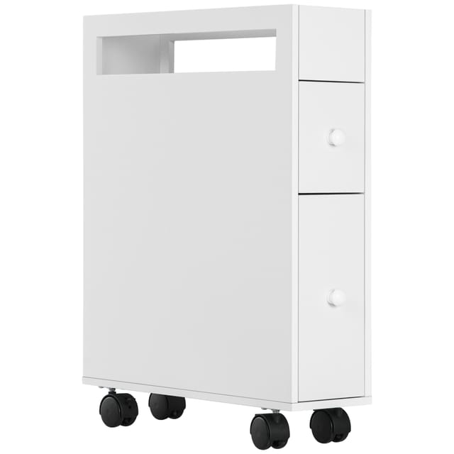 Badezimmerschrank Nischenschrank Mit Rollen, 2 Schubladen & Offenem Fach, Badrollwagen, Weiß, 16x49,5x66cm