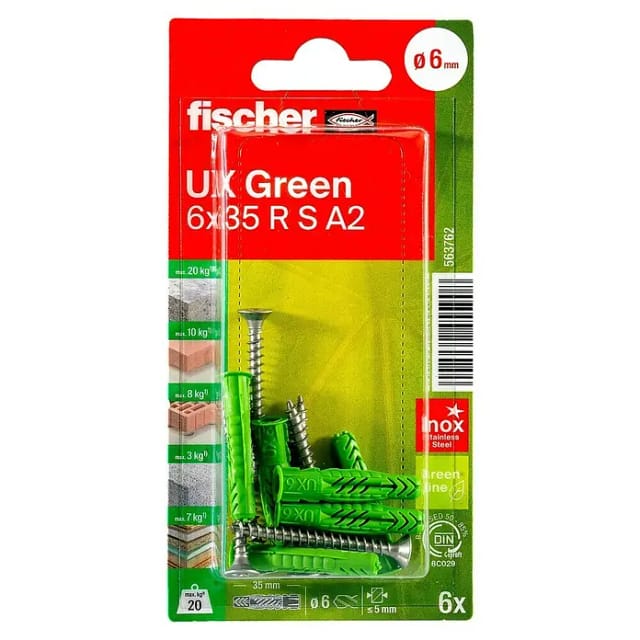 Fischer Universaldübel UX Green 6X35 R S A2K (Ø x L: 6 x 35 mm, Nylon, 6 Stk., Mit Rand, PZ 2, Spanplattenschraube)