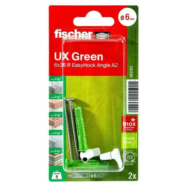 Fischer Universaldübel UX Green 6 x 35 R EasyHook Angle A2 K (Ø x L: 6 x 35 mm, Nylon, 2 Stk., PZ 2, Spanplattenschraube)